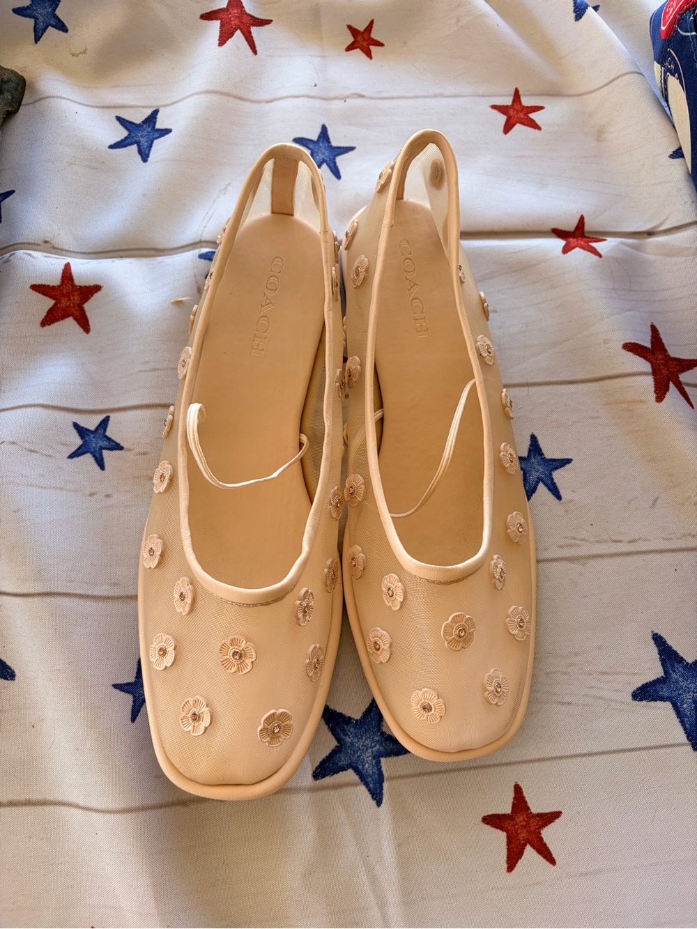 COACH Beige Floral Mesh Slingback Flats